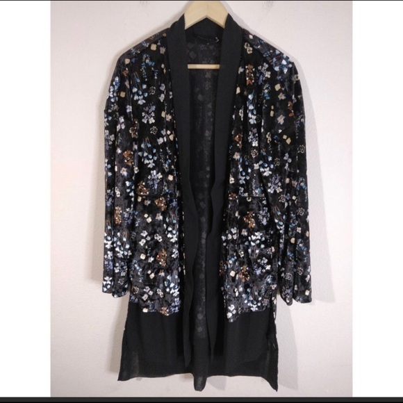 URBAN Outfitters Black Blue Floral Print Velvet Open Komono Duster Women… - Picture 2 of 9